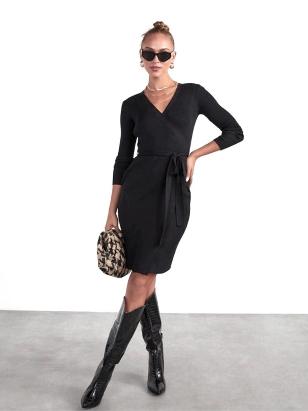 Banana Republic Wrap Knee Length V-Neck Sweater Dress Womens M Black - Picture 2 of 6